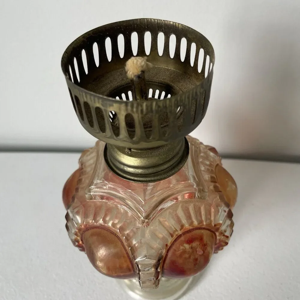 Vintage Antique Glass Oil Lamp Base Clear Red Brown Made in Hong Kong Glassware